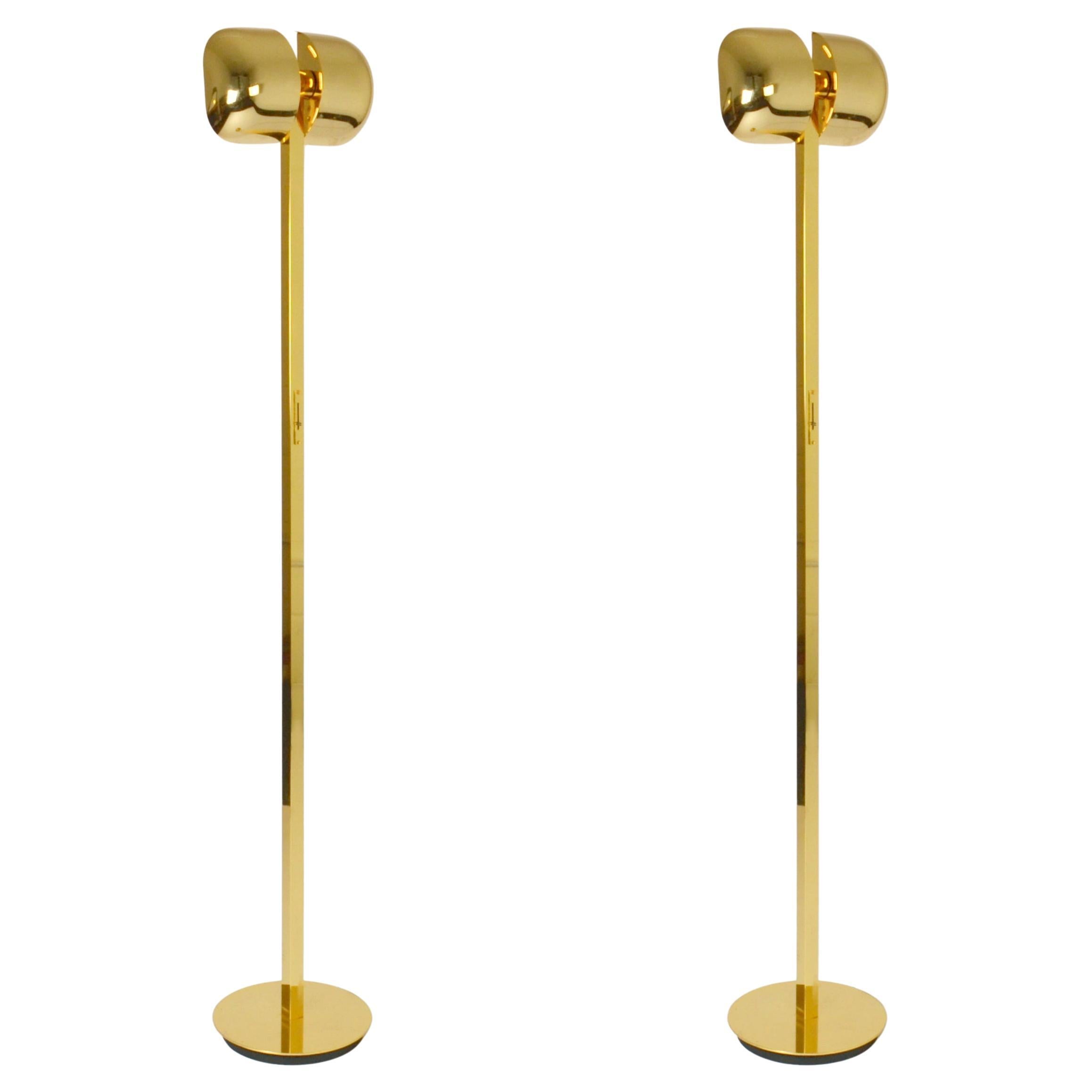 Two Minimal Brass Floor Lamps with Articulated Swivel Shades