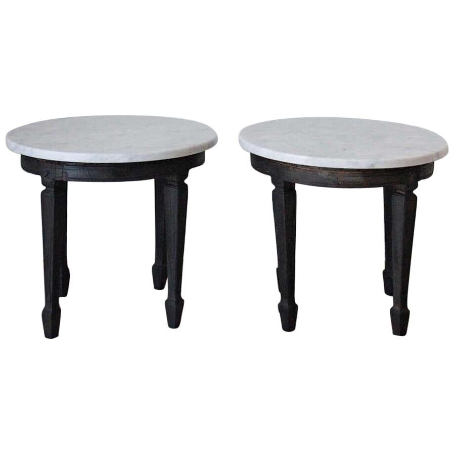 Two Vintageside Table with Carrara Marble Top and Black Wood Structure