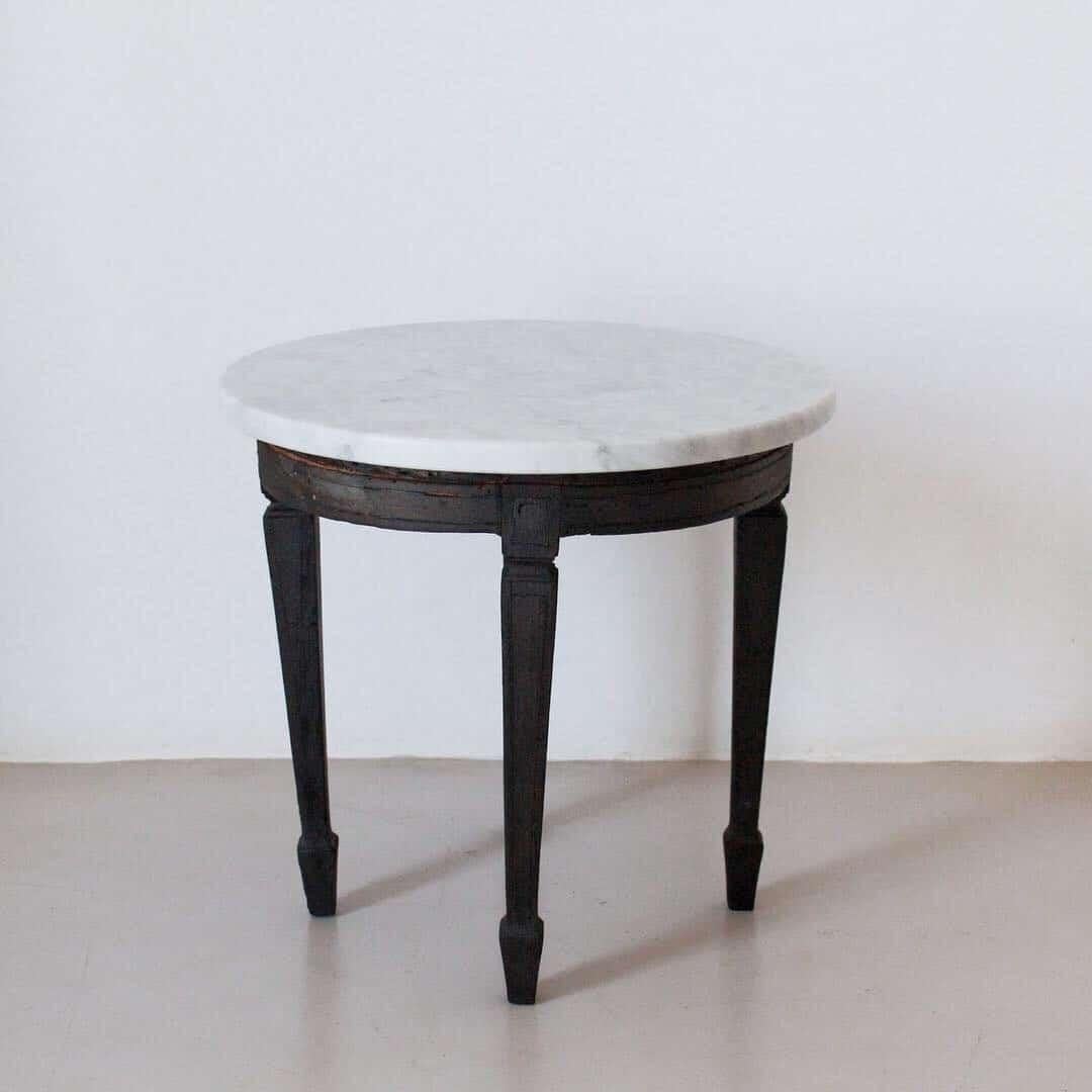 Minimalist Two Vintageside Table with Carrara Marble Top and Black Wood Structure