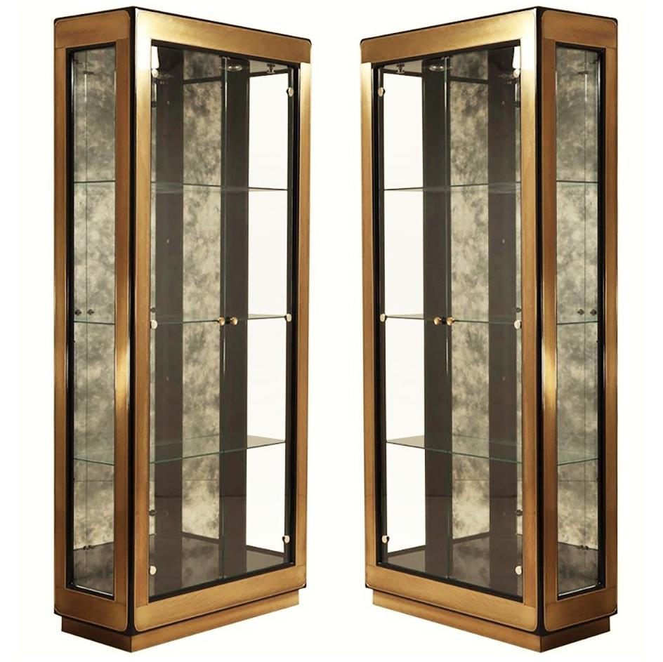 Two Modern Black Lacquered Brass Curio Display Cabinets by Mastercraft