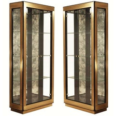 Two Modern Black Lacquered Brass Curio Display Cabinets by Mastercraft