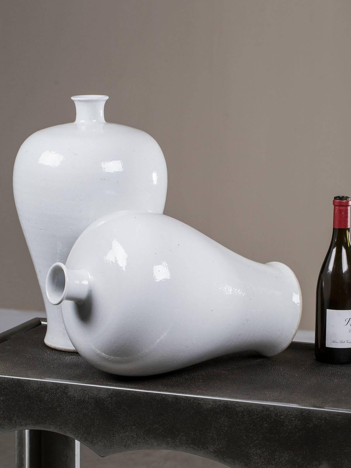 Fired Two Modern Handmade Chinese White Glazed Porcelain Mei Ping Plum Branch Vases