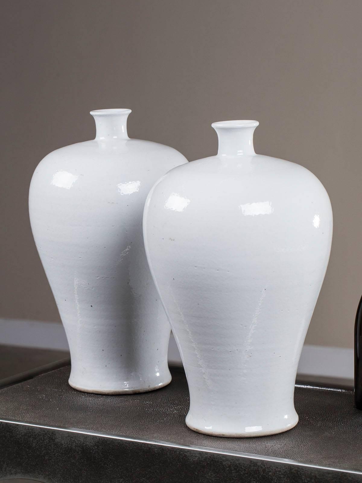 Contemporary Two Modern Handmade Chinese White Glazed Porcelain Mei Ping Plum Branch Vases