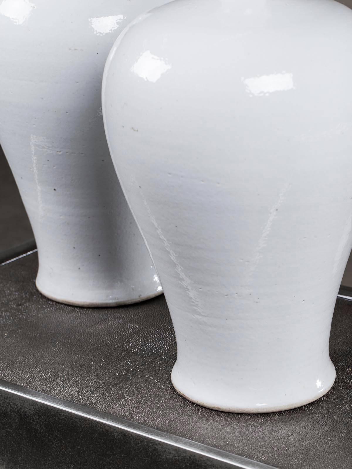 Earthenware Two Modern Handmade Chinese White Glazed Porcelain Mei Ping Plum Branch Vases