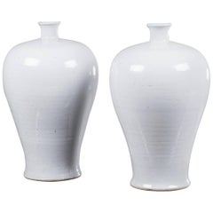 Two Modern Handmade Chinese White Glazed Porcelain Mei Ping Plum Branch Vases