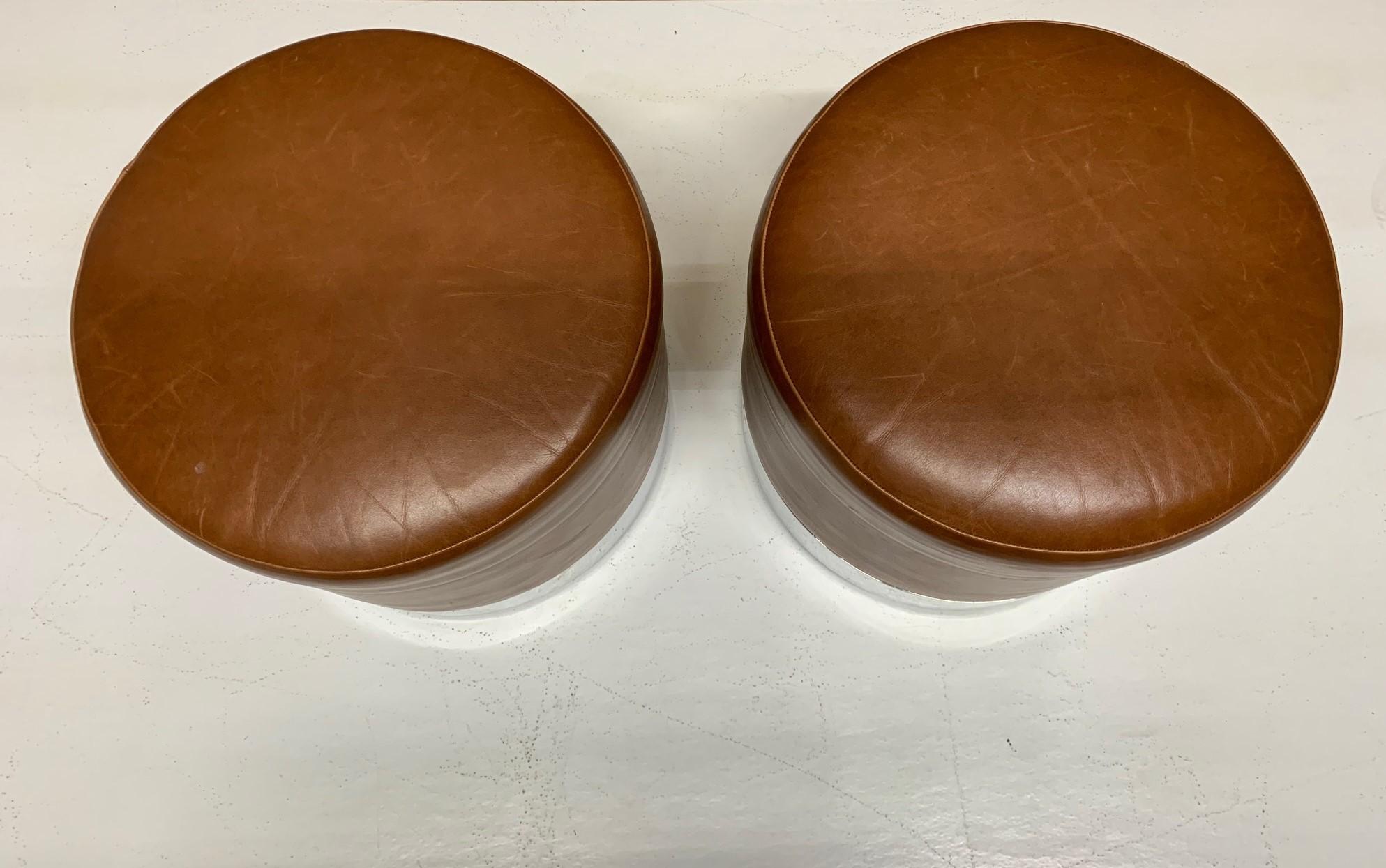 Polished Two Modern Leather and Chrome Stools For Sale