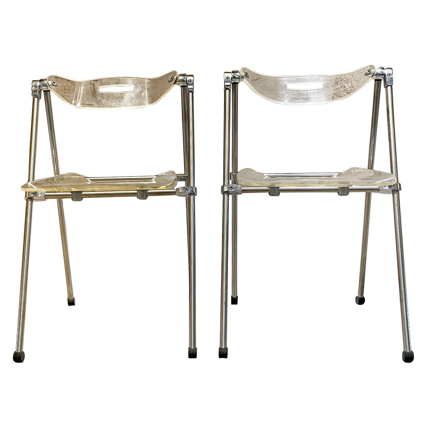 Two Modern Lucite & Chrome Folding Chairs Giancarlo Piretti for Castelli, Italy