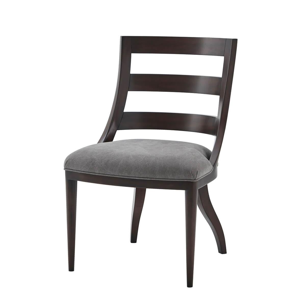 Two Scoop Back Dining Chair with a mahogany frame in a dark mocha finish, with a curved slatted backrest, with an upholstered cushion seat with curved splayed rear legs and tapered front legs.

Dimensions: 21