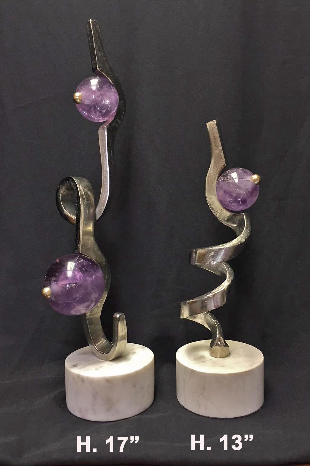 Unique set of two Modern style Amethyst Quartz and chrome table article sculptures on round marble bases.

Small table article dimensions: Height 13