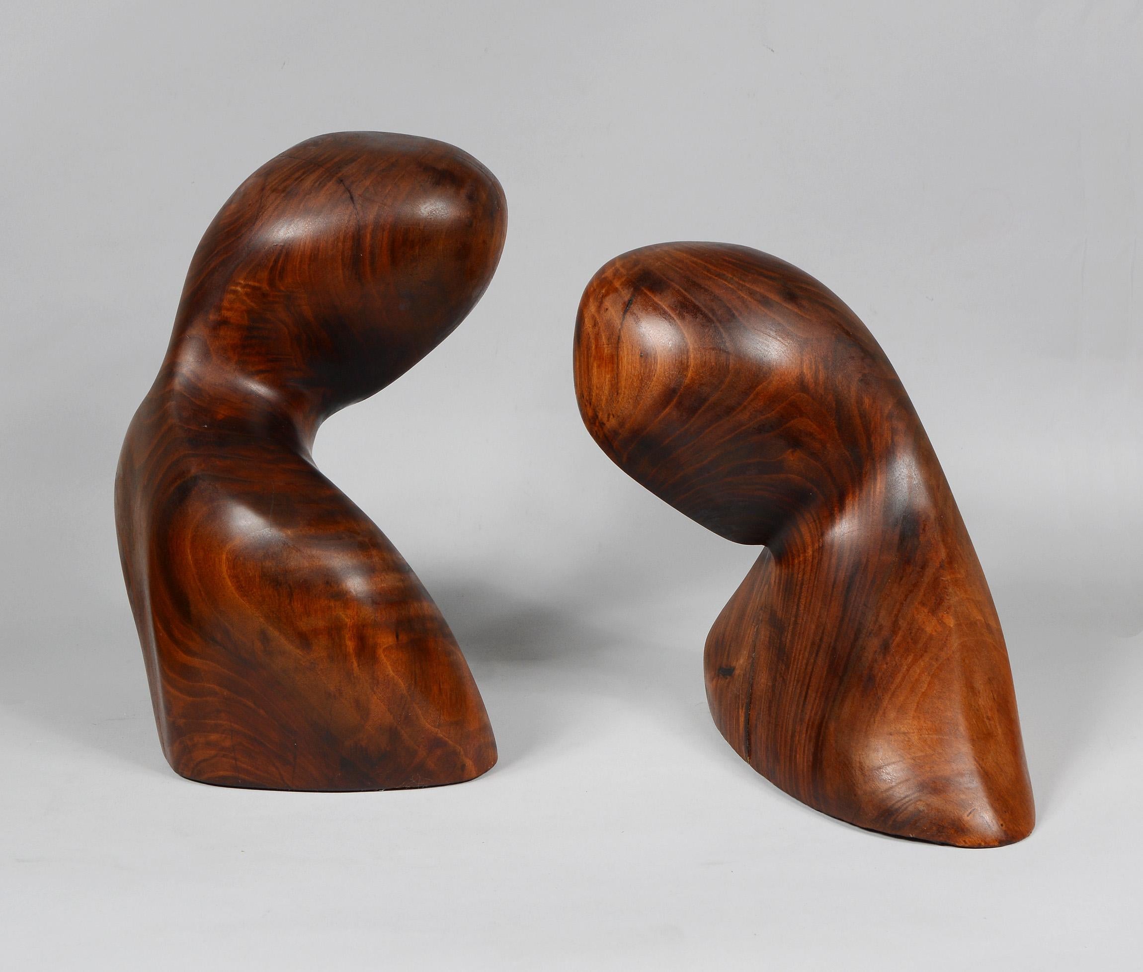 Mid-Century Modern Two Modernist Figurative Carved Wood Bust Sculptures