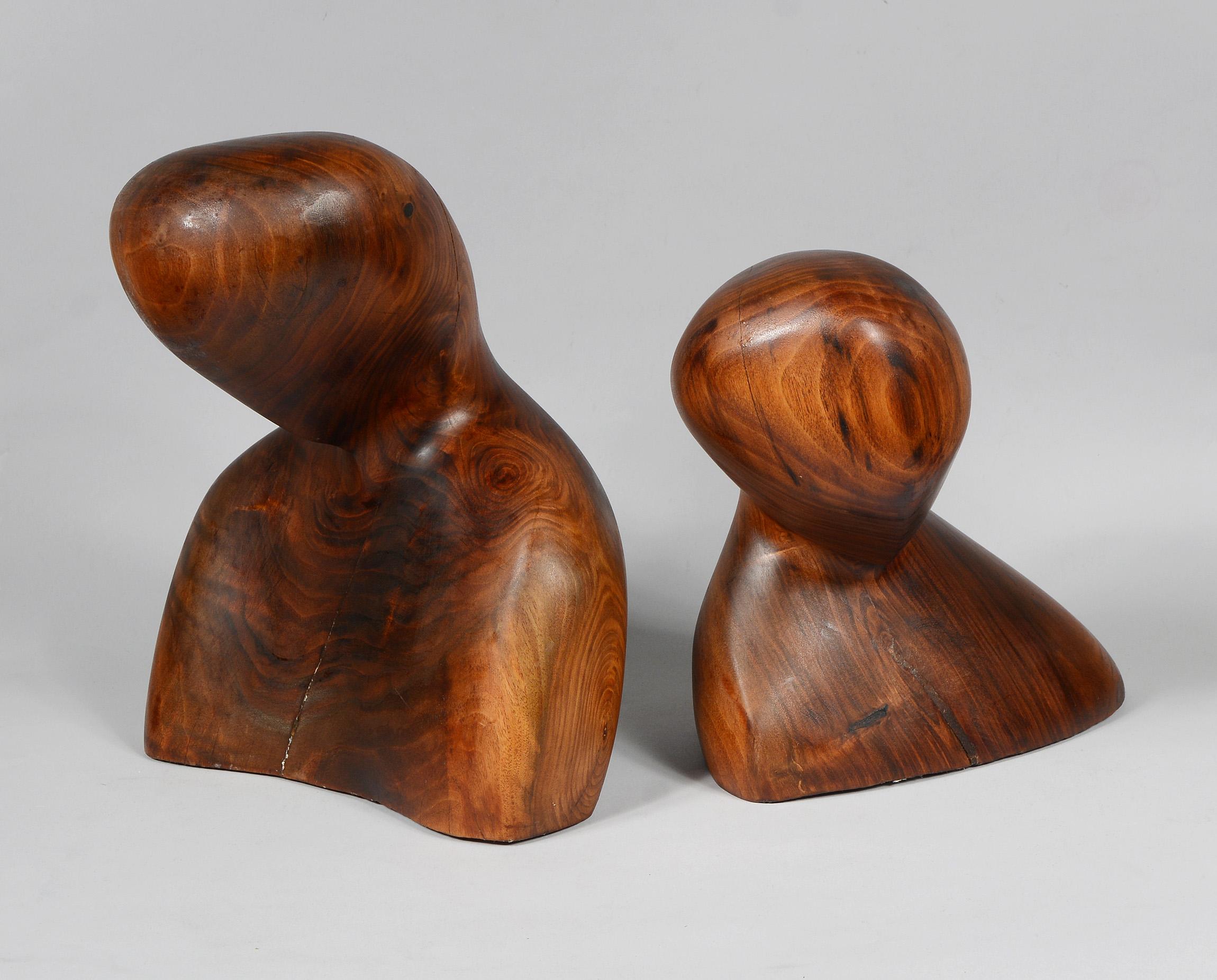 Two Modernist Figurative Carved Wood Bust Sculptures In Good Condition In San Mateo, CA