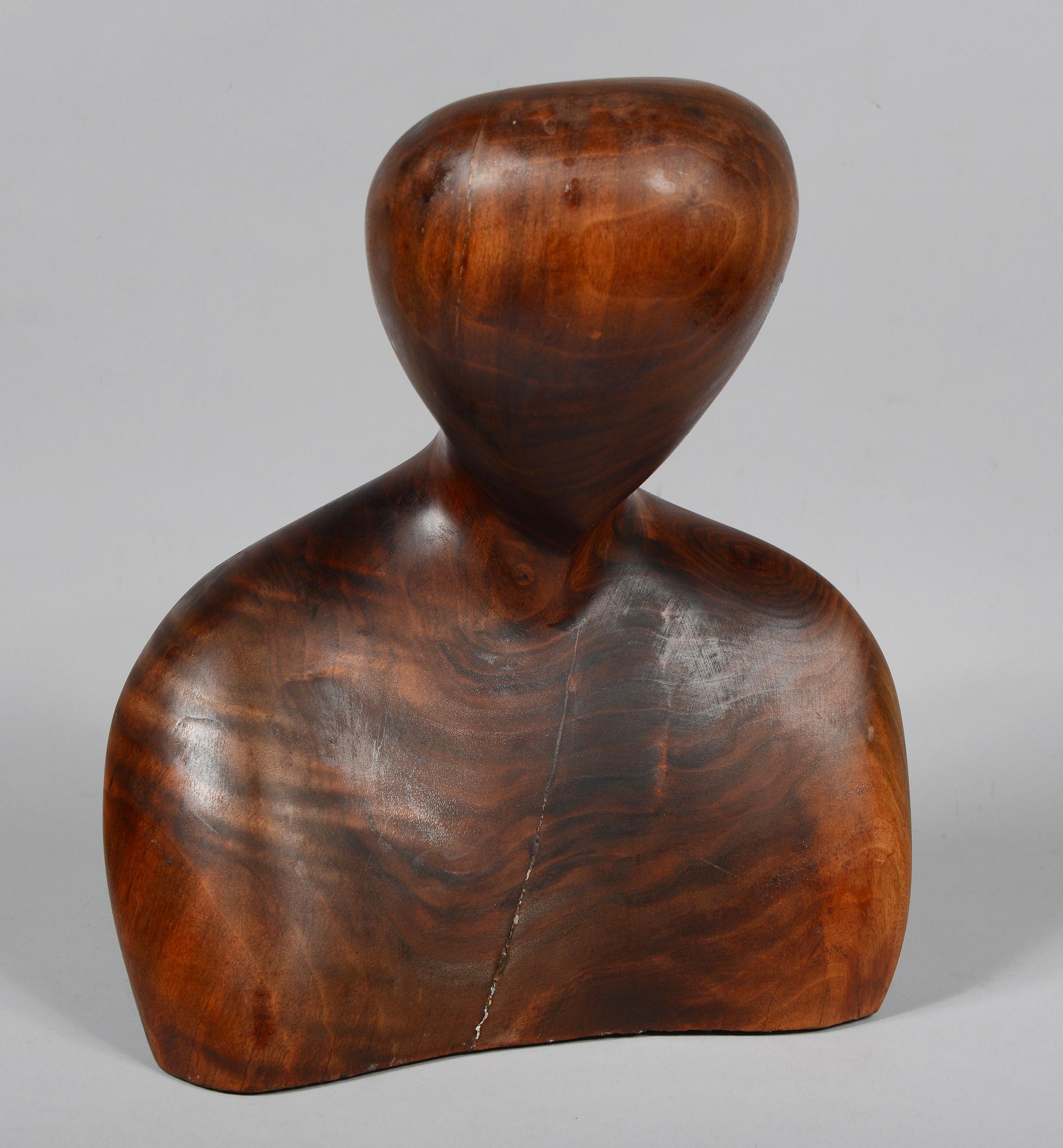 20th Century Two Modernist Figurative Carved Wood Bust Sculptures