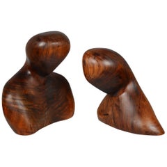 Two Modernist Figurative Carved Wood Bust Sculptures