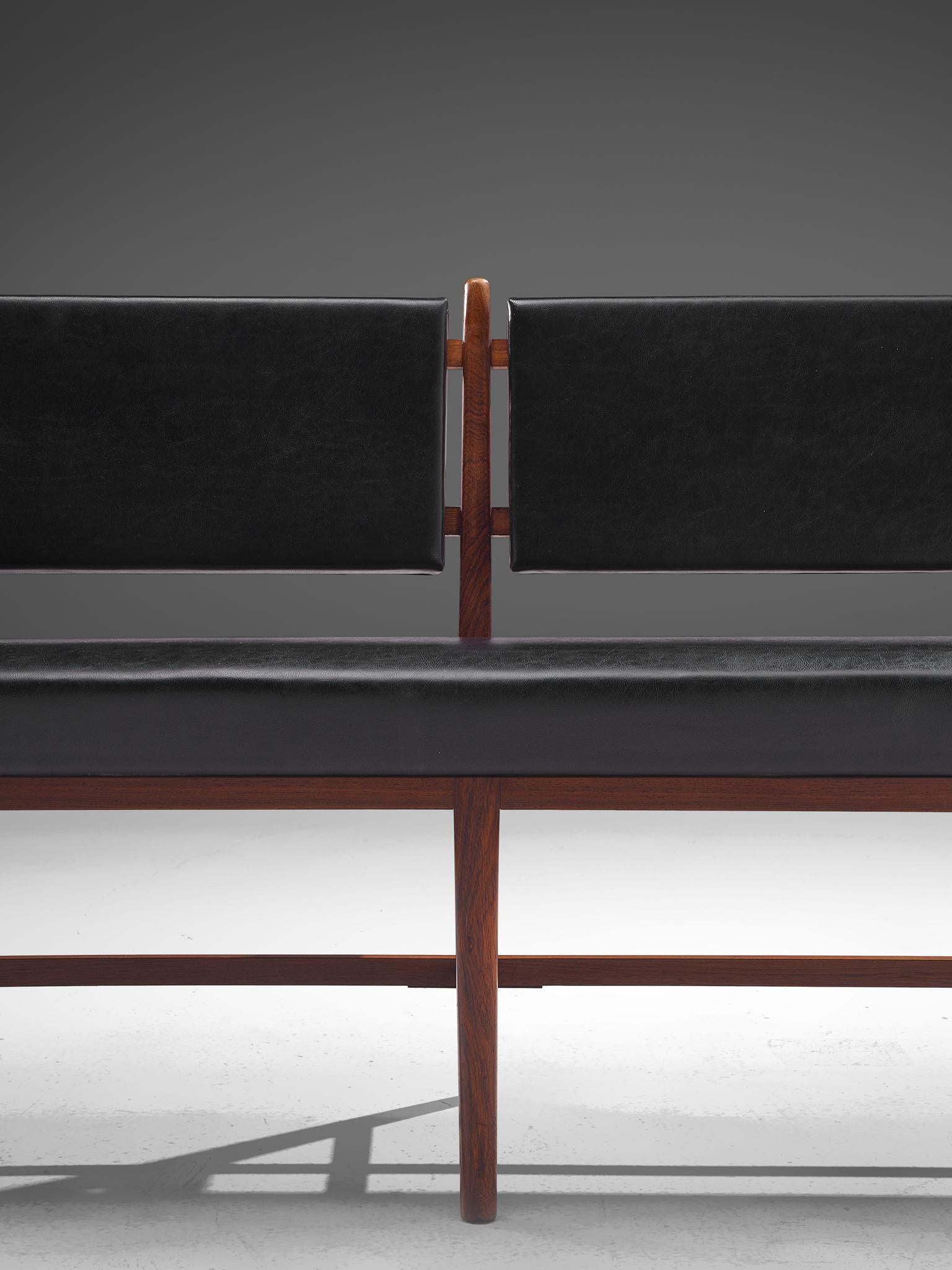 Two Modernist Rosewood Black Faux Leather Benches 3