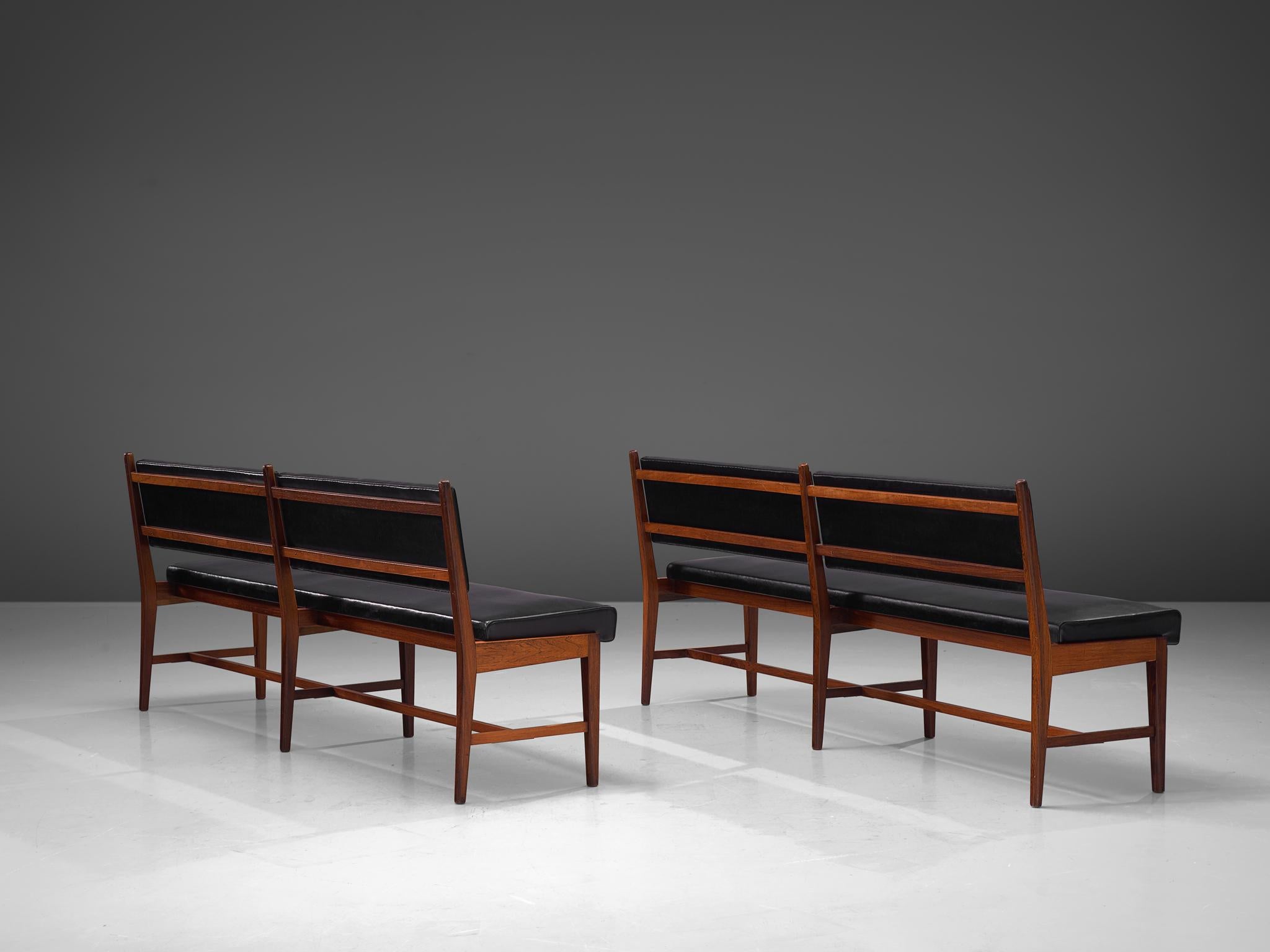 Mid-Century Modern Two Modernist Rosewood Black Faux Leather Benches
