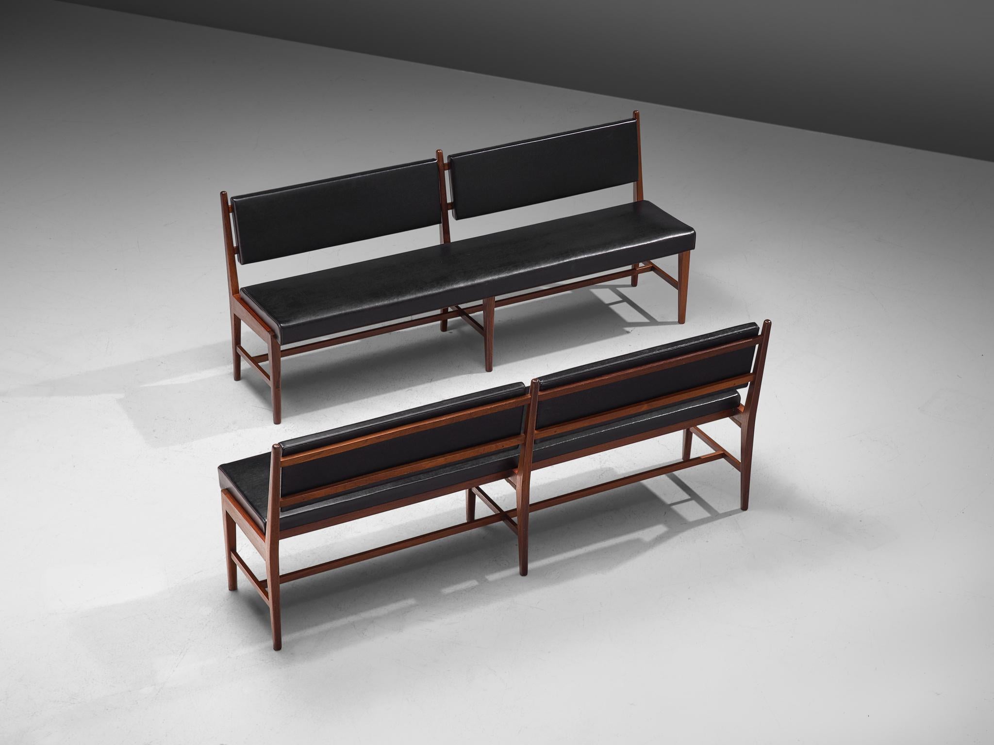 European Two Modernist Rosewood Black Faux Leather Benches