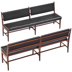 Two Modernist Rosewood Black Faux Leather Benches