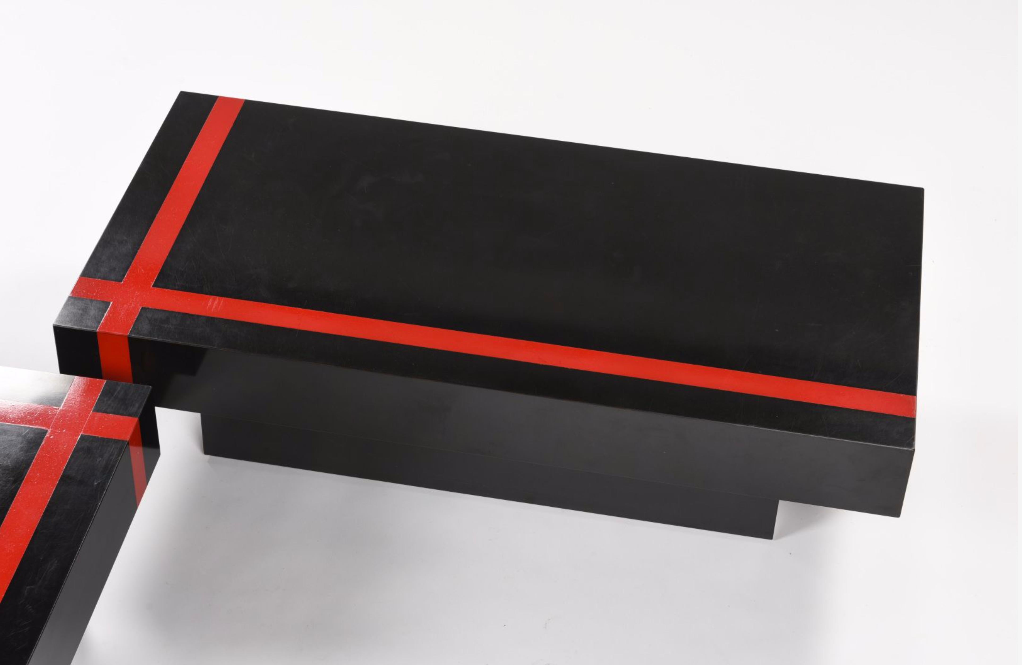 Two Modular Coffee Tables, Red Black, France. 1970 Mid-Century Wood Mid century For Sale 2