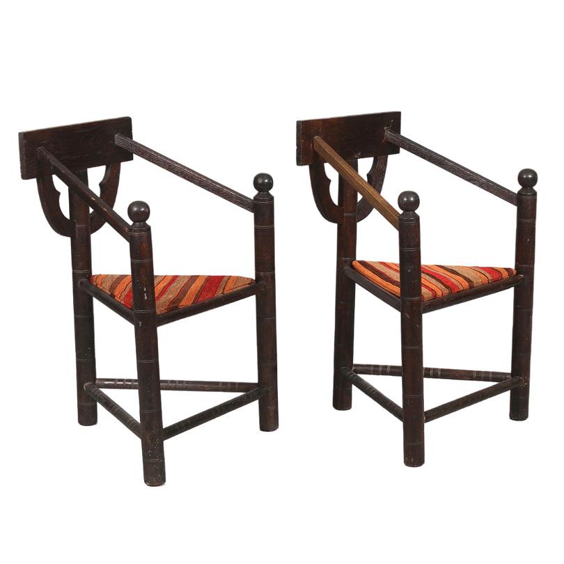 19th Century Pair of teak handencraved chairs with three legs. Monk chairs.  For Sale