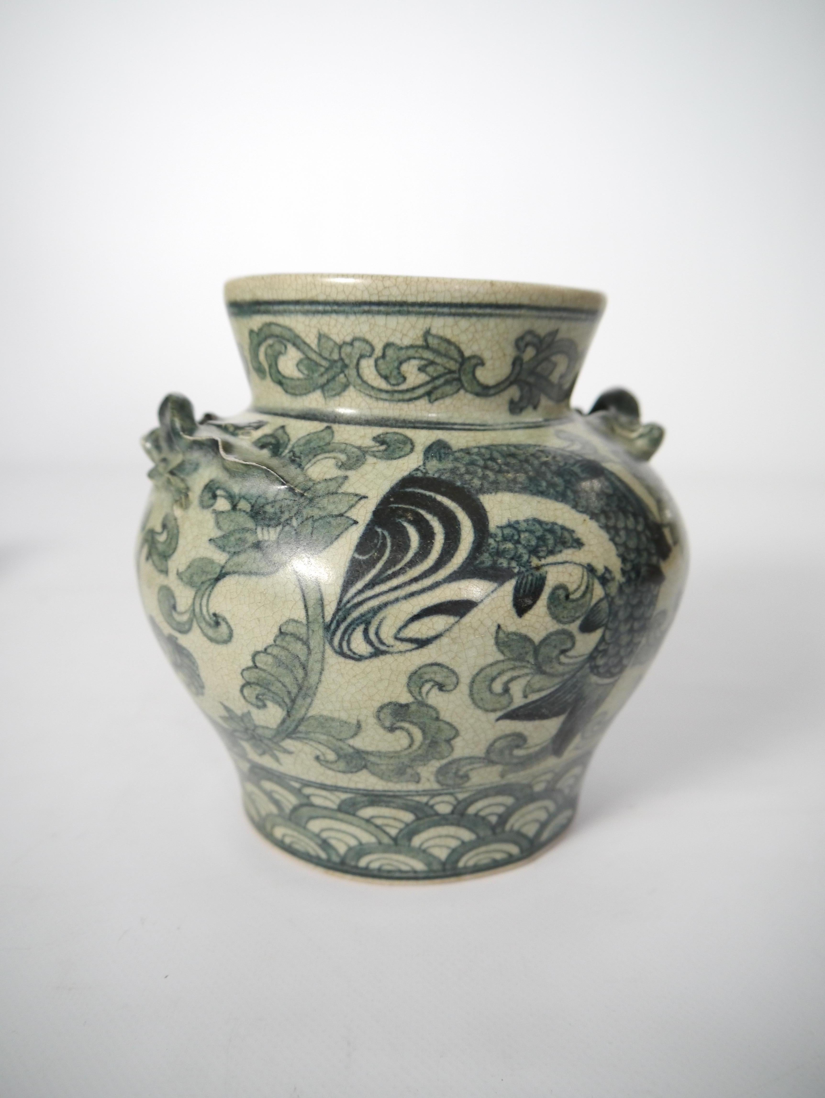 Glazed Two Monochrome Fish / Floral Decorated Chinoiserie Ceramic Vases, Thailand 1950s For Sale