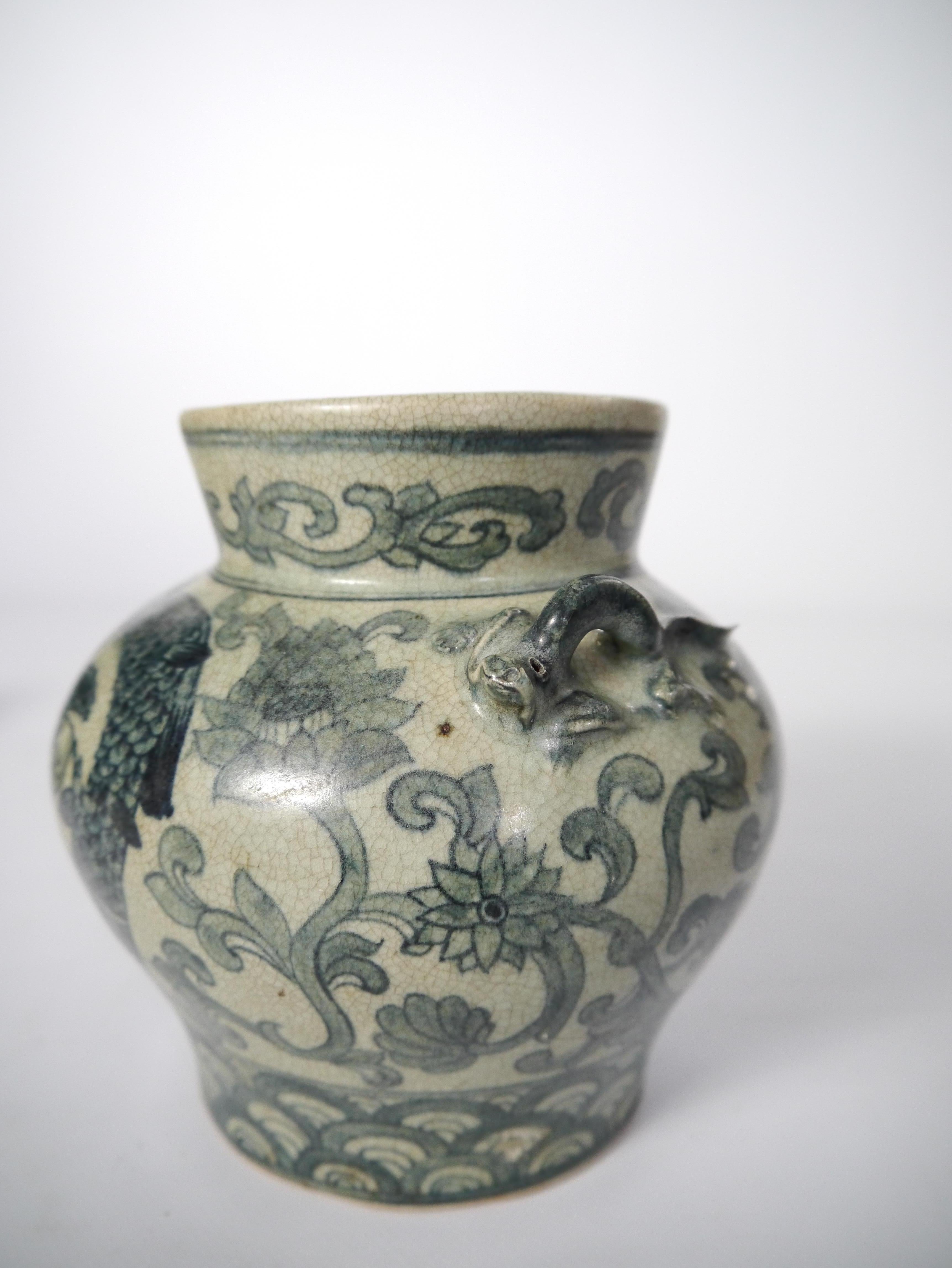 Two Monochrome Fish / Floral Decorated Chinoiserie Ceramic Vases, Thailand 1950s In Good Condition For Sale In Barcelona, ES