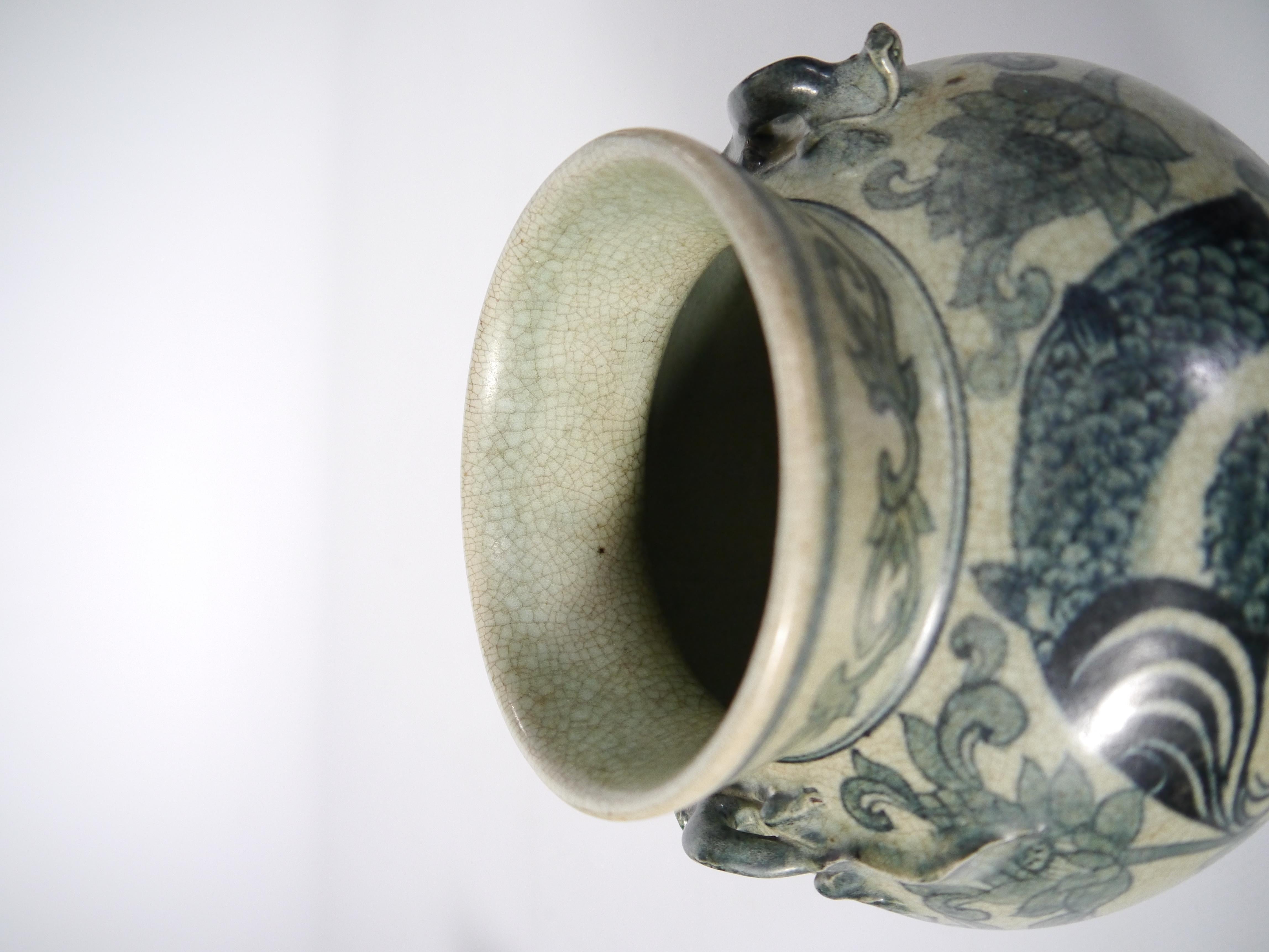 Two Monochrome Fish / Floral Decorated Chinoiserie Ceramic Vases, Thailand 1950s For Sale 1
