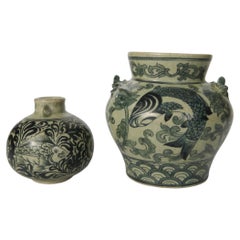 Two Monochrome Fish / Floral Decorated Chinoiserie Ceramic Vases, Thailand 1950s