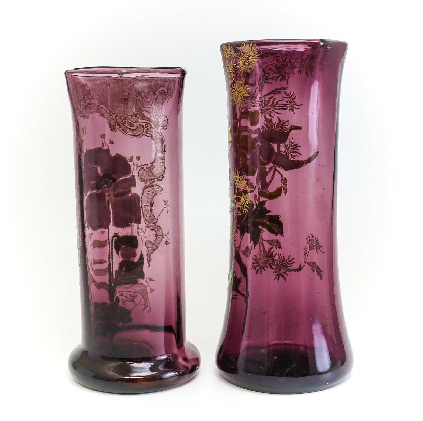 Hand-Painted Two Mont Joye Amethyst Art Glass Tall Vases Hand Painted Raised Enamel Design