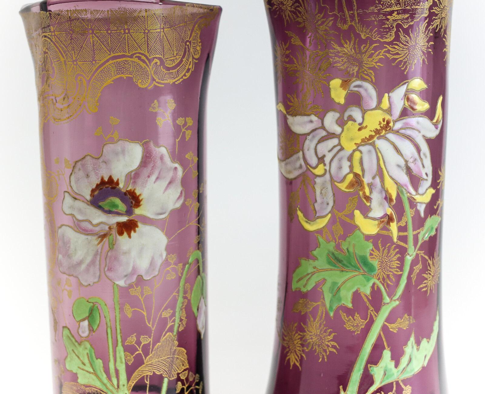 Two Mont Joye Amethyst Art Glass Tall Vases Hand Painted Raised Enamel Design In Good Condition In Gardena, CA