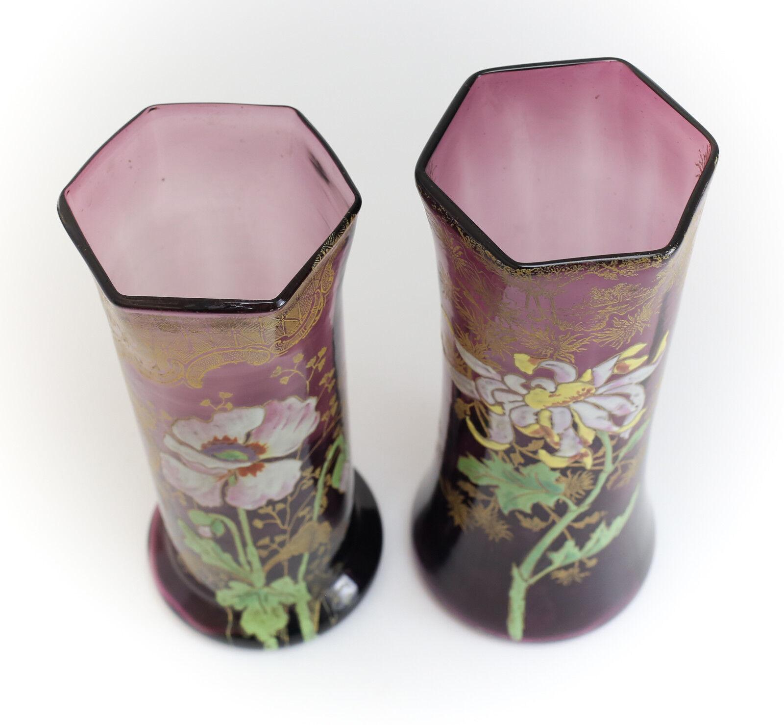20th Century Two Mont Joye Amethyst Art Glass Tall Vases Hand Painted Raised Enamel Design