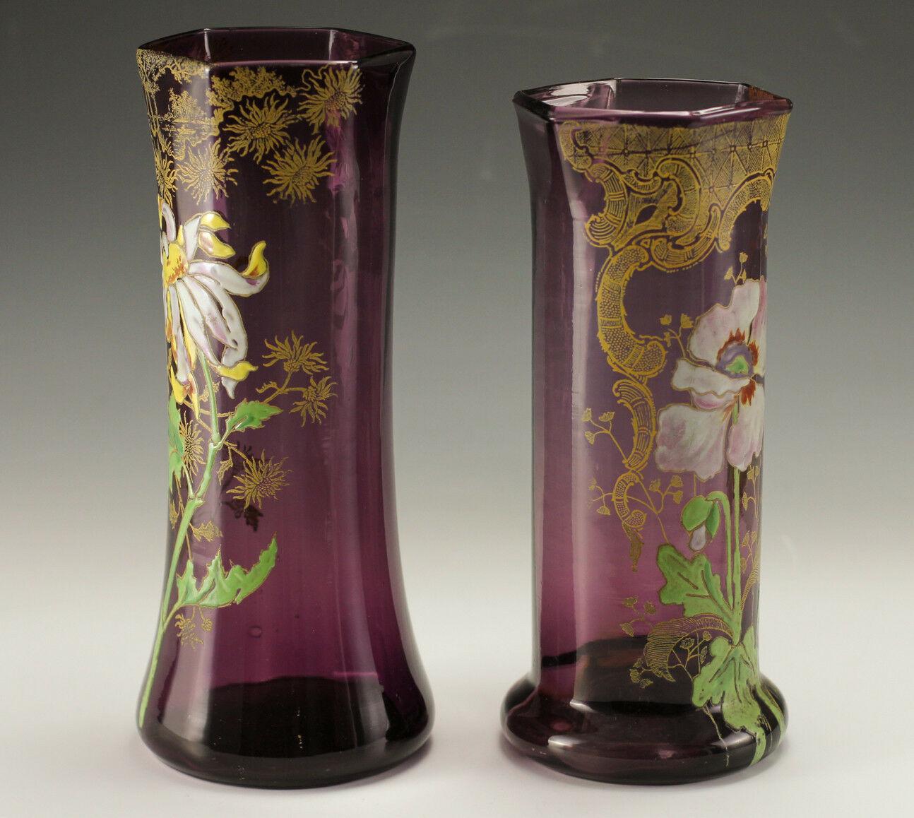 Two Mont Joye Amethyst Art Glass Tall Vases Hand Painted Raised Enamel Design 1