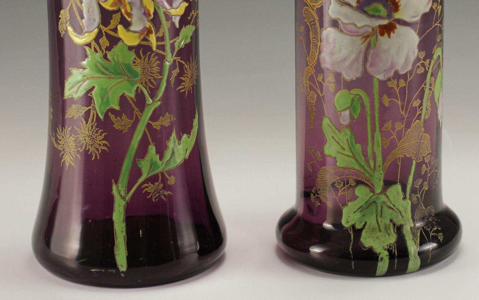 Two Mont Joye Amethyst Art Glass Tall Vases Hand Painted Raised Enamel Design 2