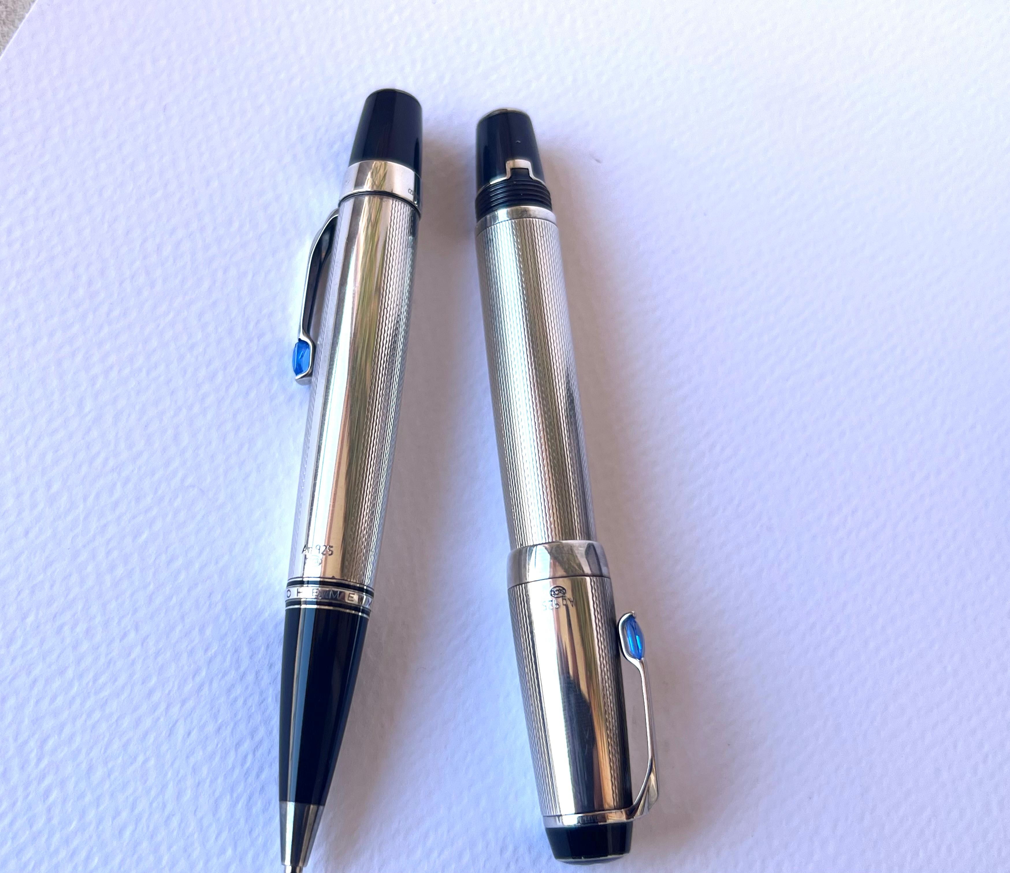 Two Montblanc Boheme Sterling Silver Sapphire 18K Nib Fountain Pen & Pencil Set  For Sale 4