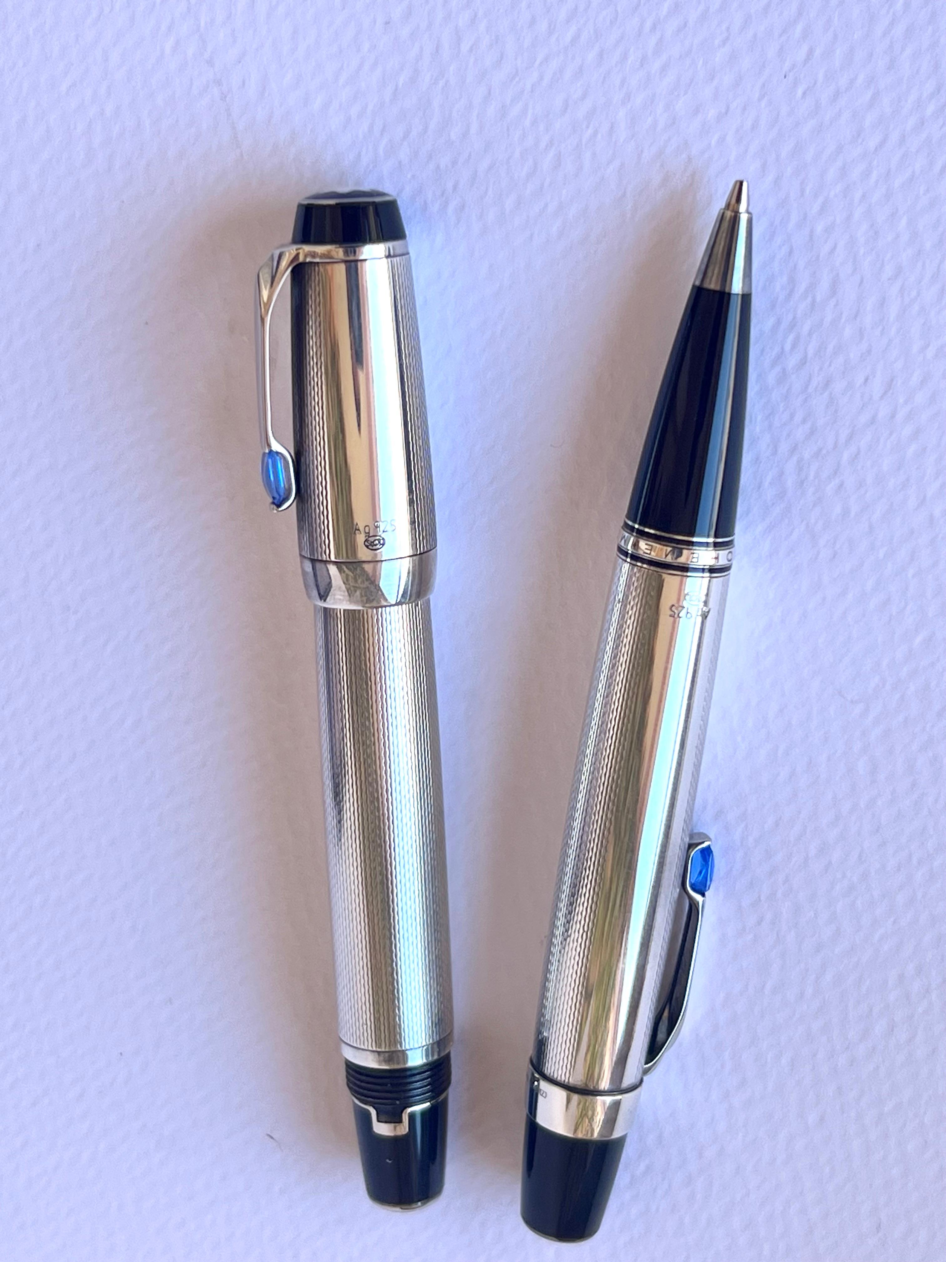 Two Montblanc Boheme Sterling Silver Sapphire 18K Nib Fountain Pen & Pencil Set  For Sale 5