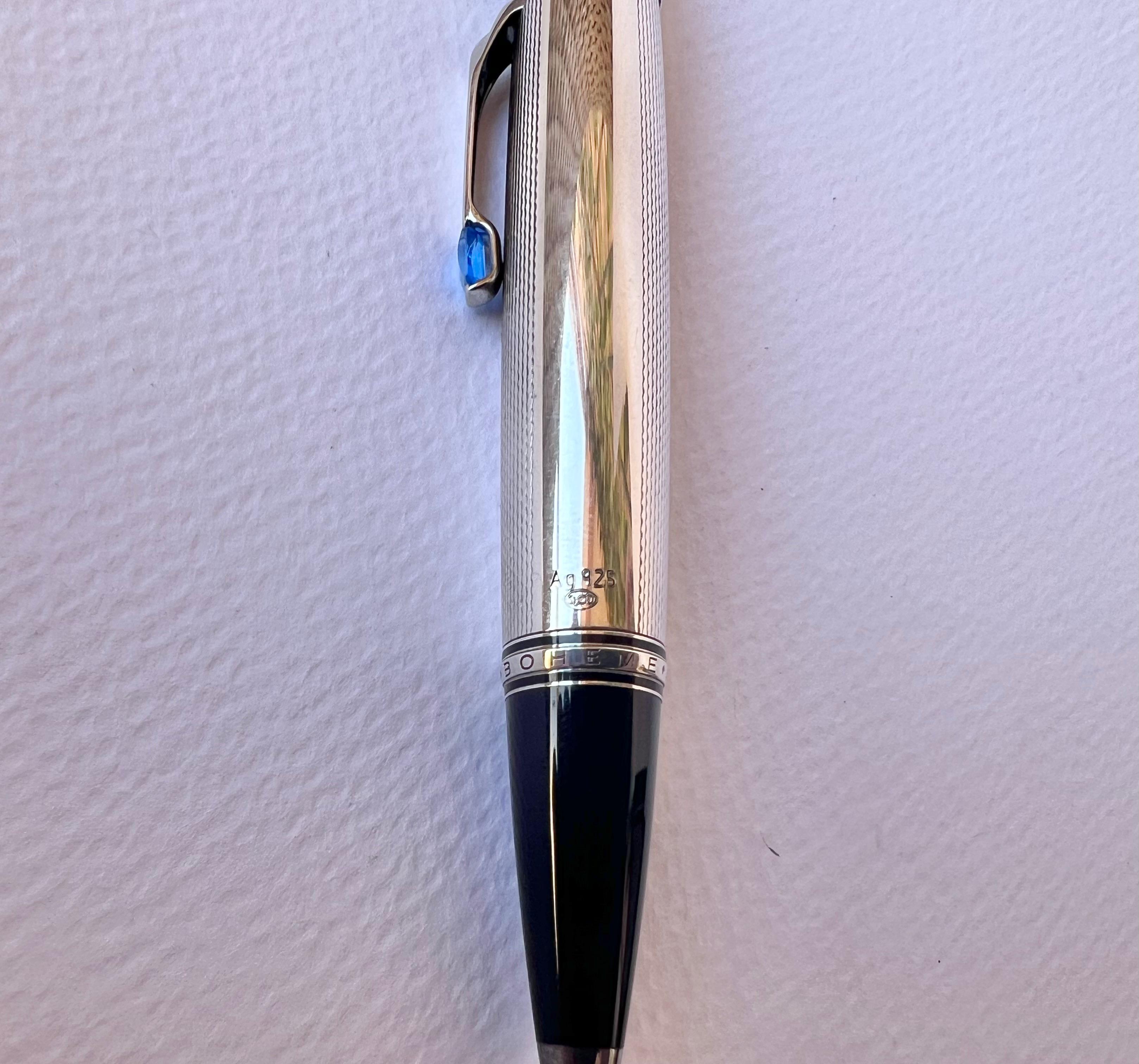 Two Montblanc Boheme Sterling Silver Sapphire 18K Nib Fountain Pen & Pencil Set  For Sale 9
