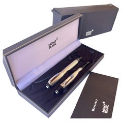 Vintage Two Montblanc Boheme Sterling Silver Sapphire 18K Nib Fountain Pen & Pencil Set 