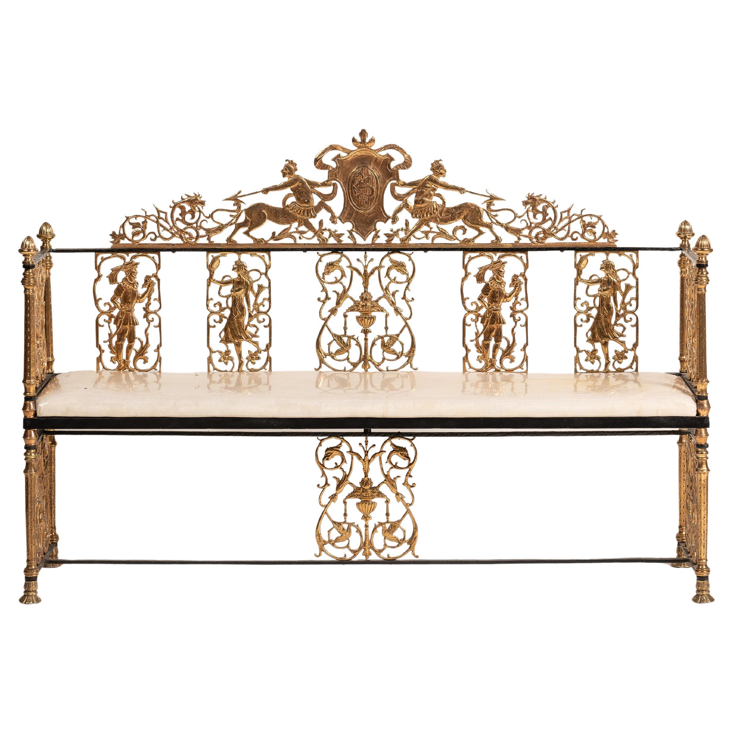 Zwei antike, figürliche, vergoldete Schmiedeeisenbänke, Oscar Bach, um 1910, USA im Angebot