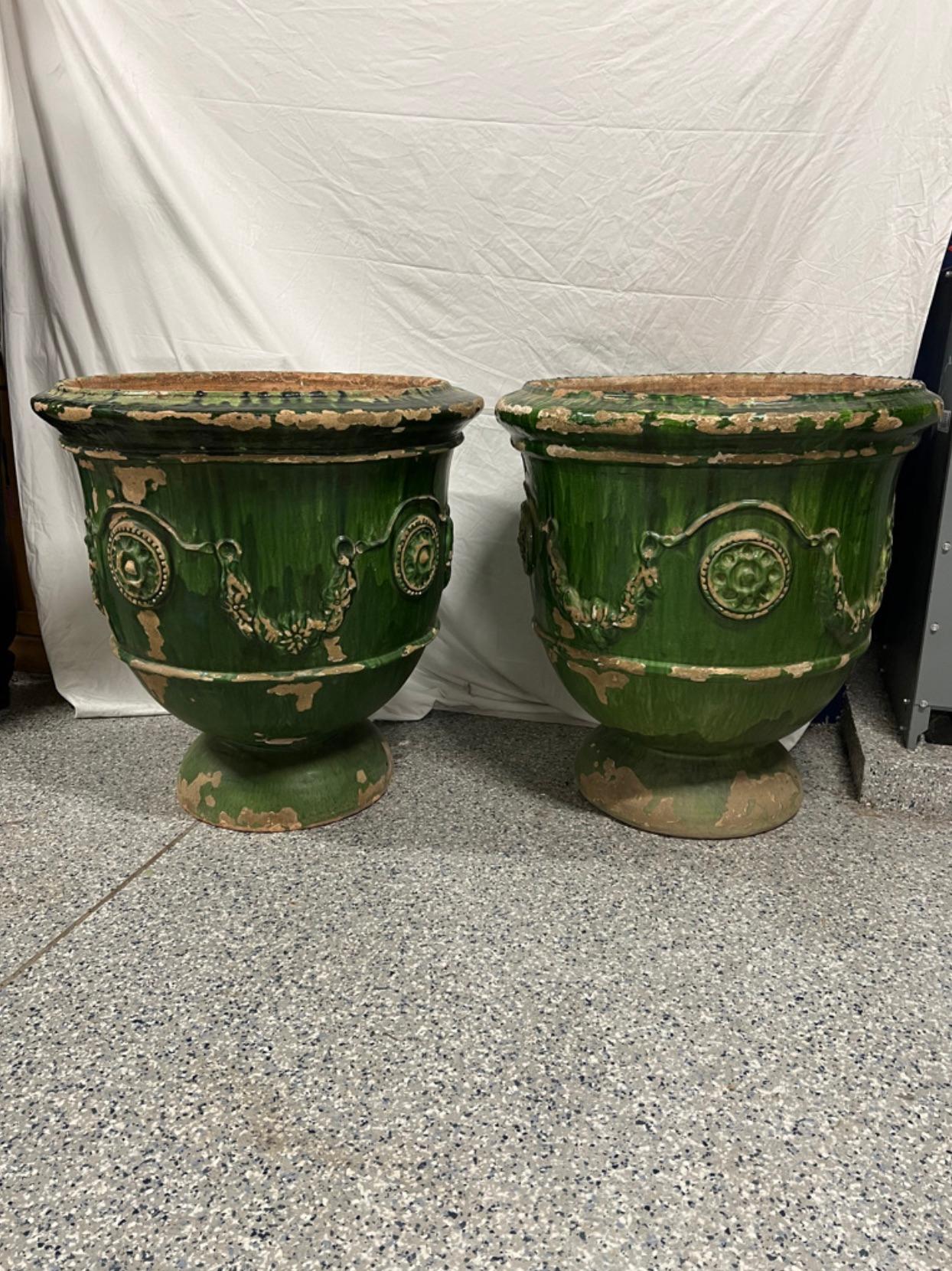 Two Monumental Green Glazed Italian Terra Cotta Anduze Pots In Good Condition In Sag Harbor, NY