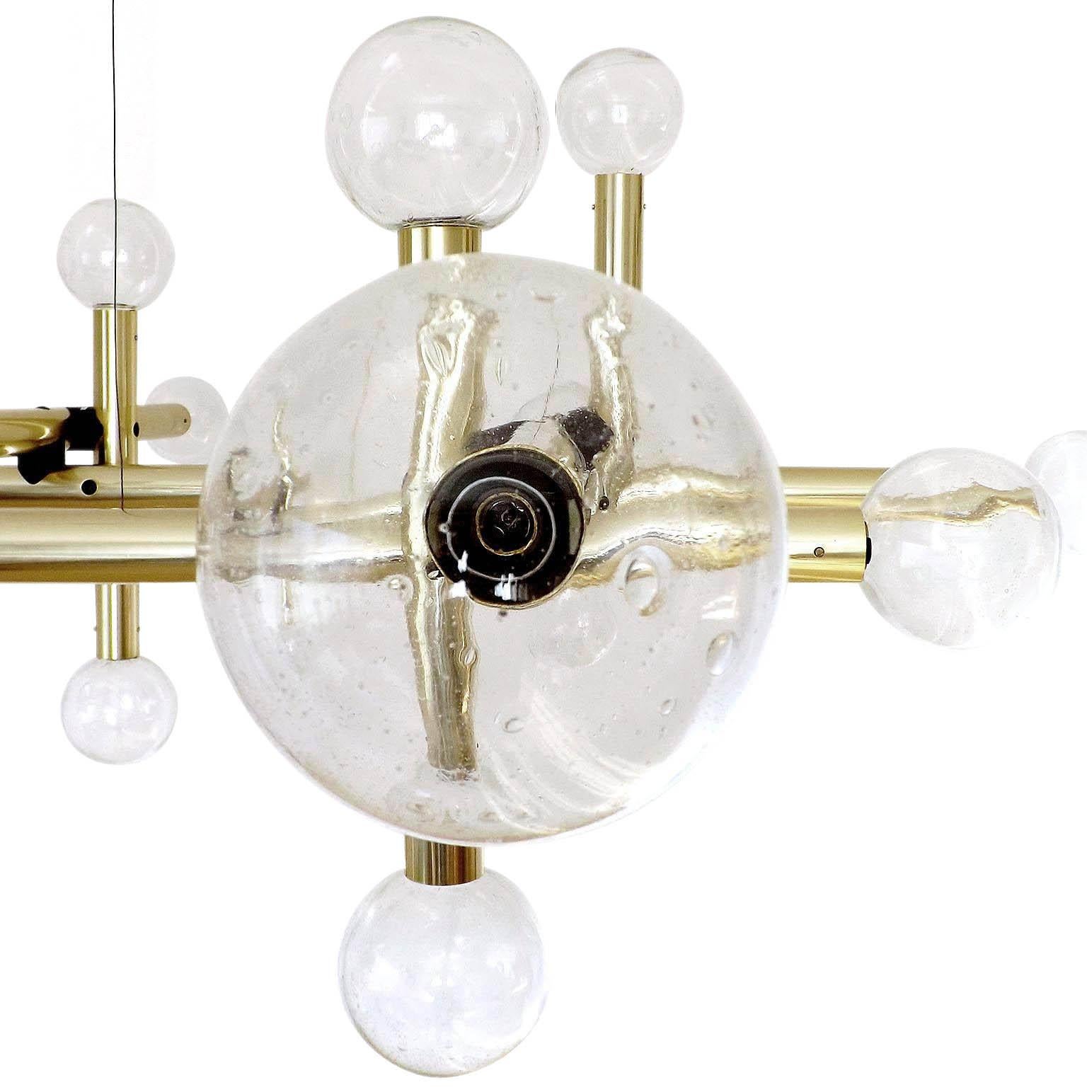 Anodized 1 of 2 Monumental Kalmar Sputnik Chandeliers Pendant Lights, Glass Brass, 1970s For Sale