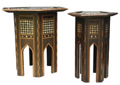 Two Moroccan Hand Crafted Side Tables With Bone, MOP Parquetry Repetitive Inlay
