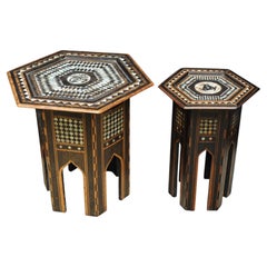 Two Moroccan Hand Crafted Side Tables With Bone, MOP Parquetry Repetitive Inlay