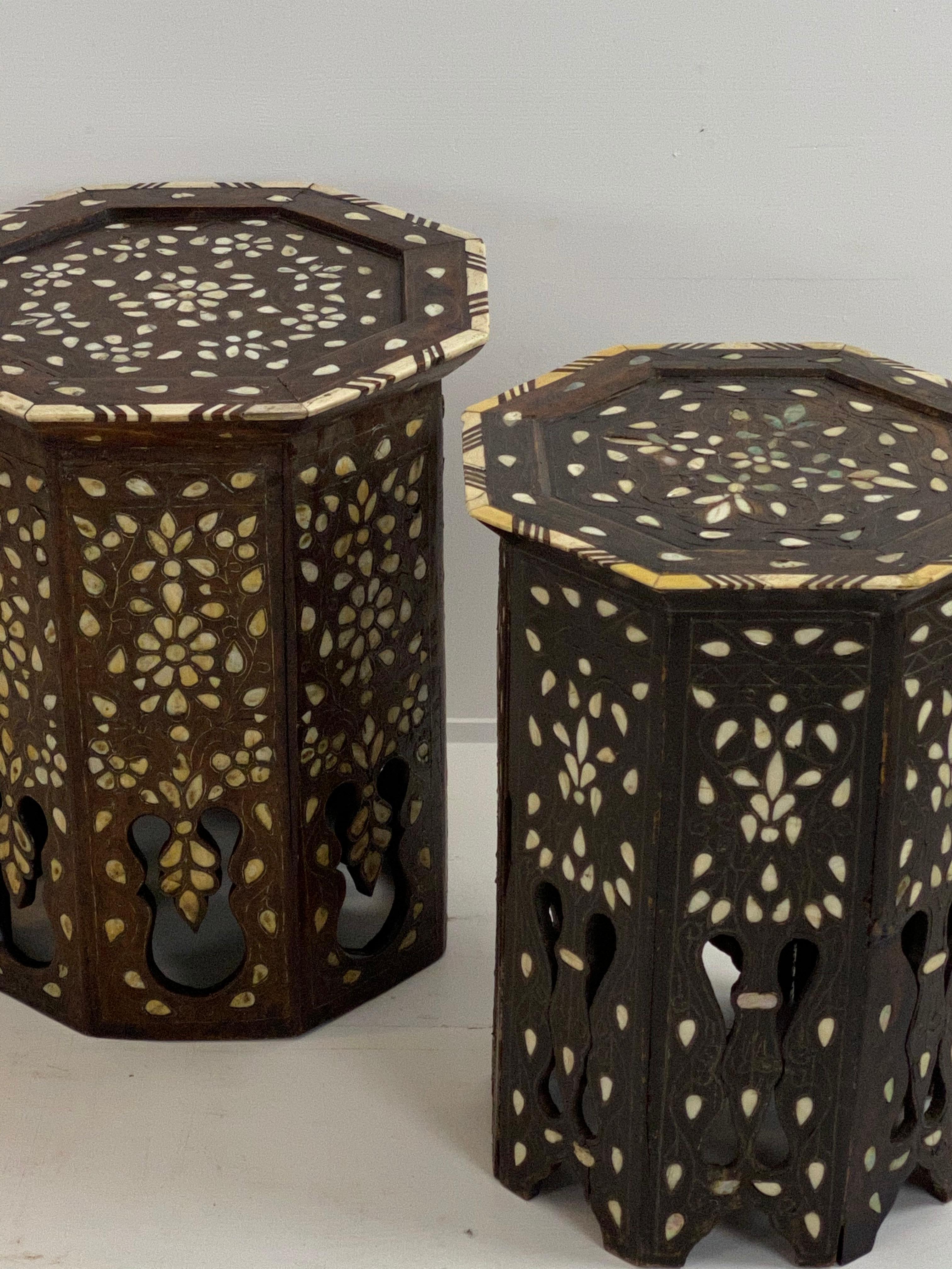 Two Moroccan side tables with nice Moorish patterns
and good quality inlay of bone and mother of pearl
diameter 35 cm and diameter 40 cm.