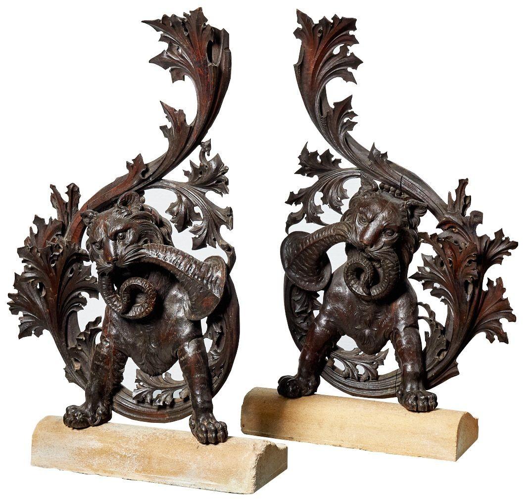 Two Mounted Antique Carved Oak Sculptures In Good Condition For Sale In Wormelow, Herefordshire