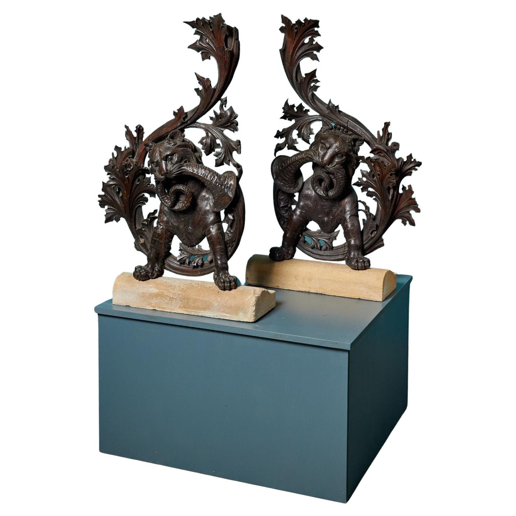 Two Mounted Antique Carved Oak Sculptures For Sale