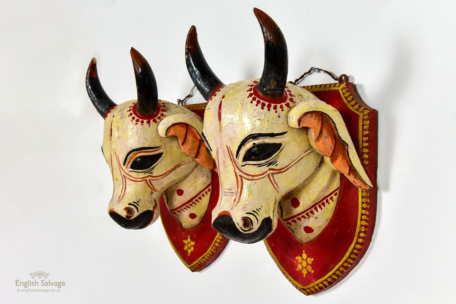 Wood Two Mounted Carved Cow Heads, 20th Century For Sale