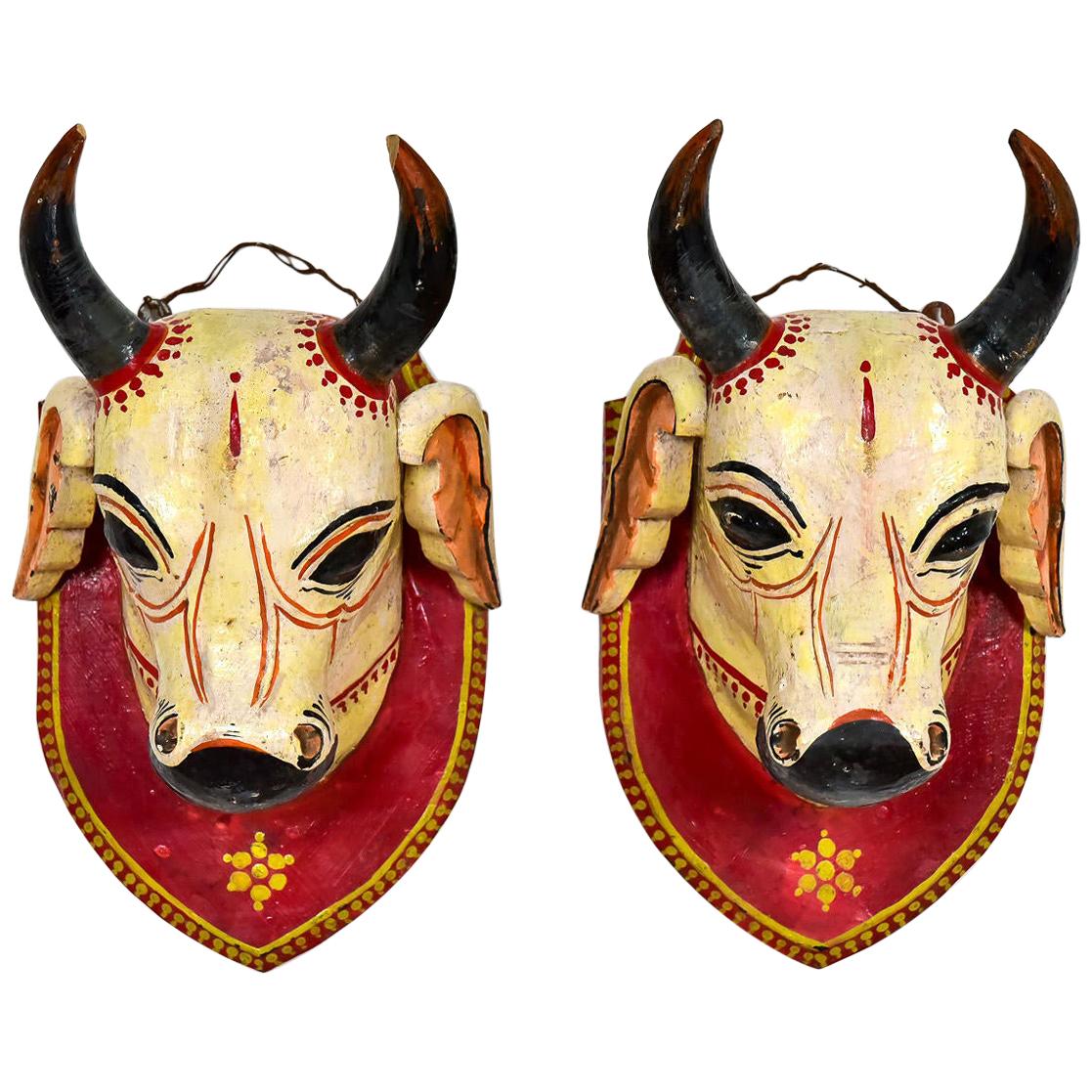 Two Mounted Carved Cow Heads, 20th Century For Sale