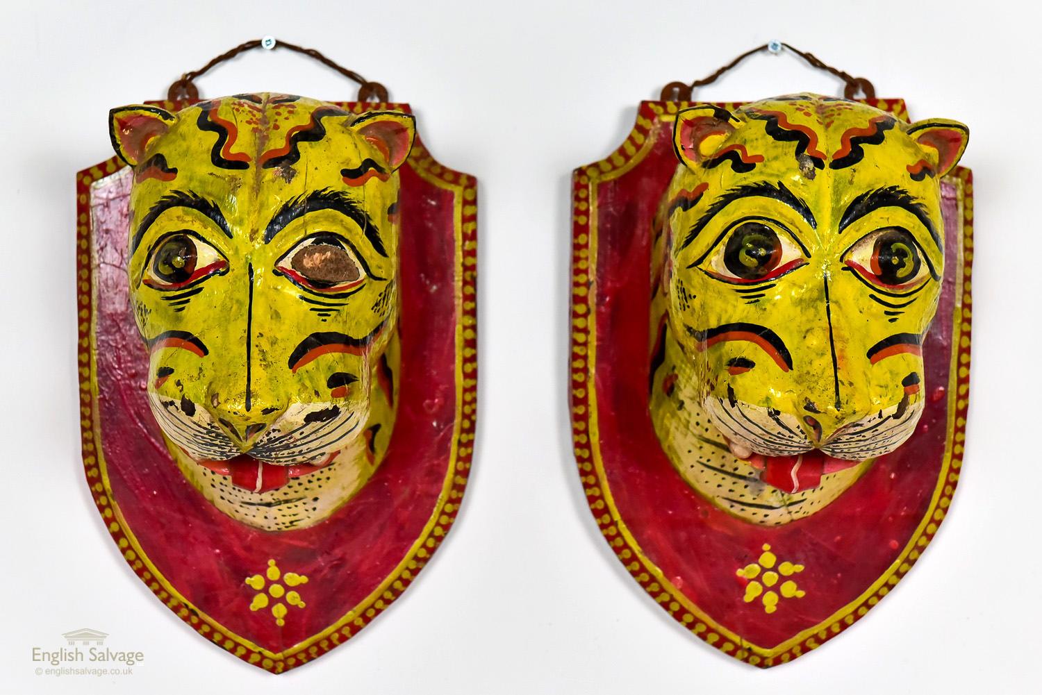 Two Mounted Carved Tiger Heads, 20th Century In Good Condition For Sale In London, GB