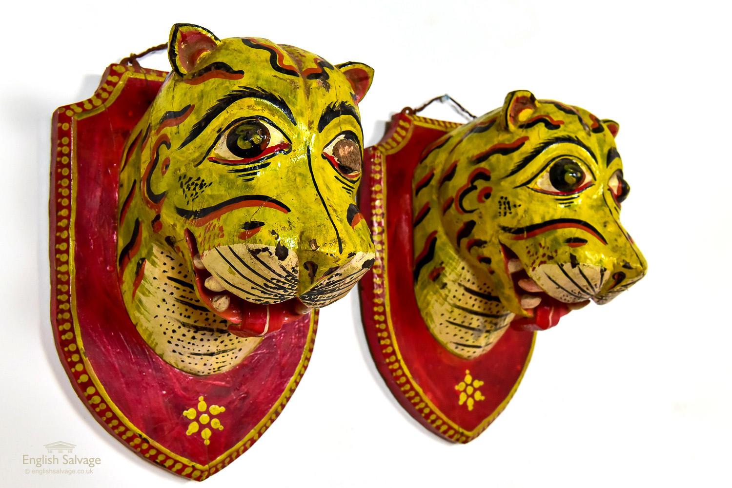 Wood Two Mounted Carved Tiger Heads, 20th Century For Sale