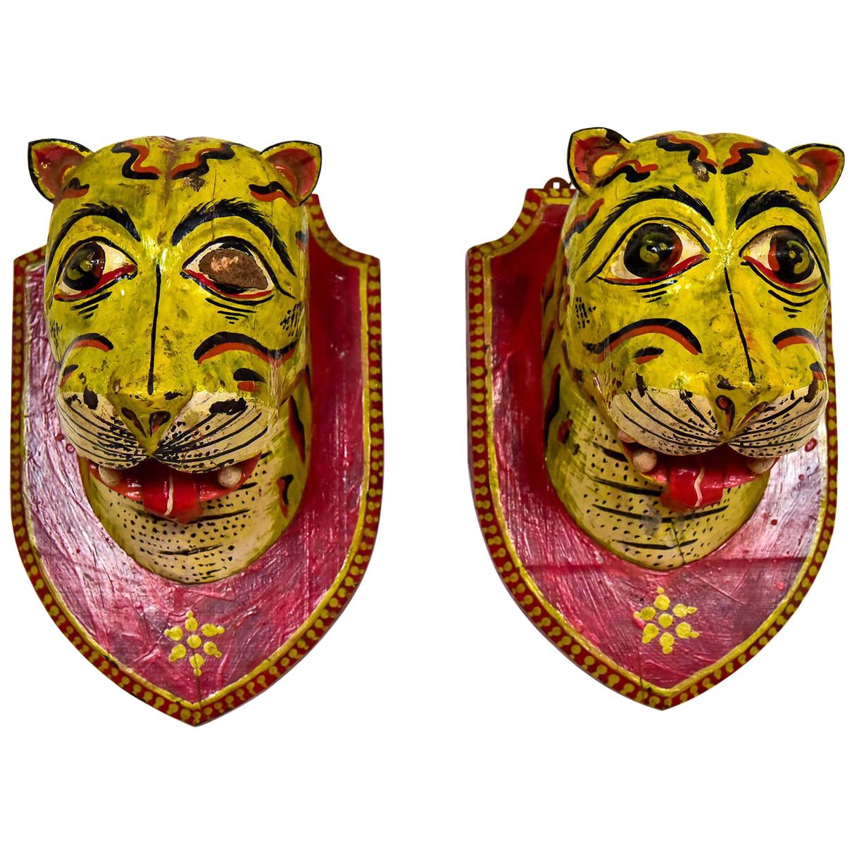 Two Mounted Carved Tiger Heads, 20th Century For Sale