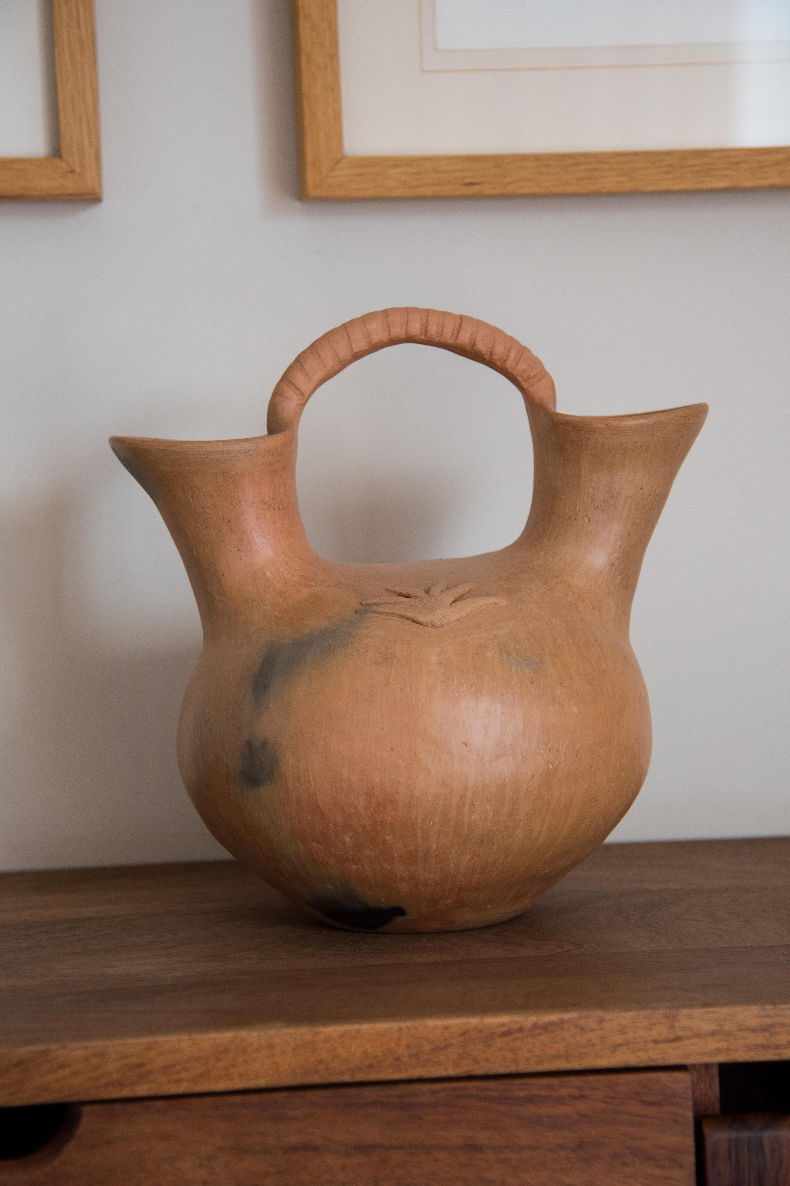 Vasija de cerámica mexicana rústica de dos bocas hecha a mano Oaxaca terracota Mexicano